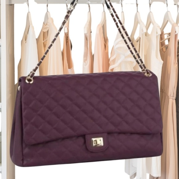 Quilted Luggage Tote W/Chain Strap, Plum & Gold-tone Hardware, Turn lock - Picture 1 of 12